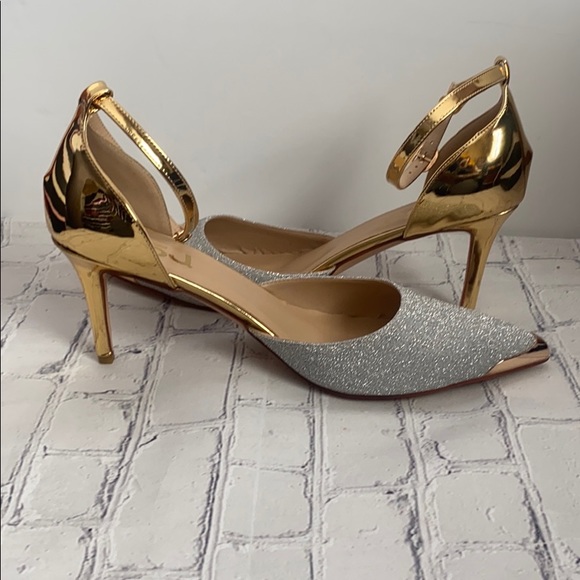 FSJ Shoes - FSJ Gold & Silver Sparkle Ankle Strap Heels 11.5